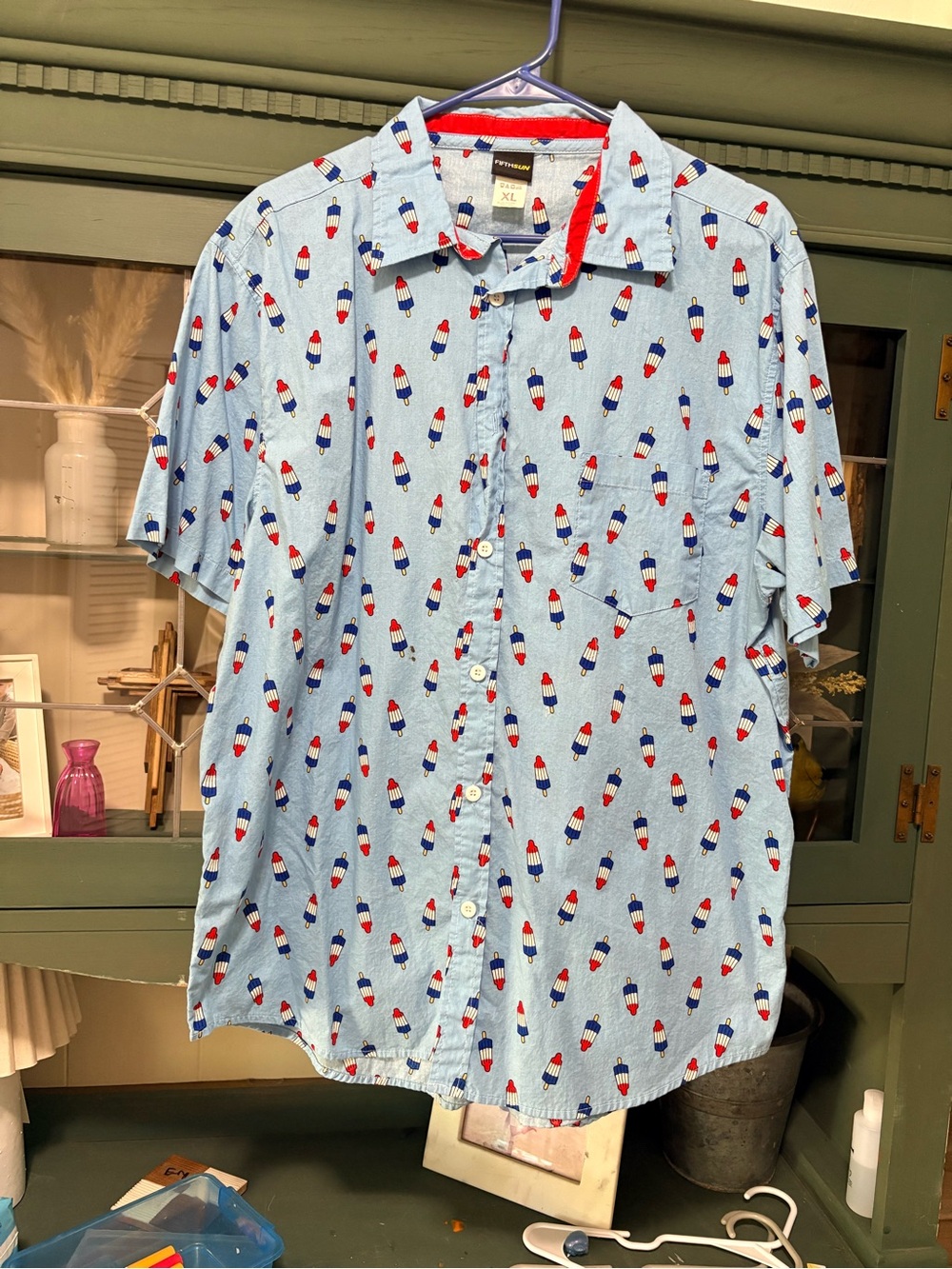 Fifth Sun Light Blue Short-Sleeve Button-Up with Red & Blue Popsicle Print